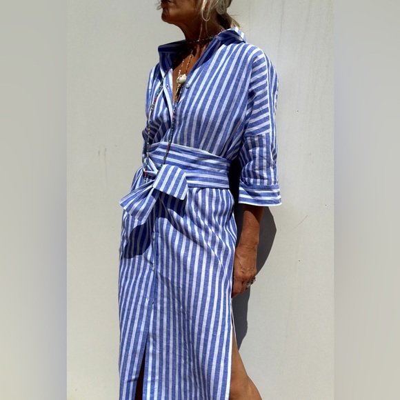 Minimalist Tied Button Up Three-Quarter Sleeve Dress - Picture 4 of 14